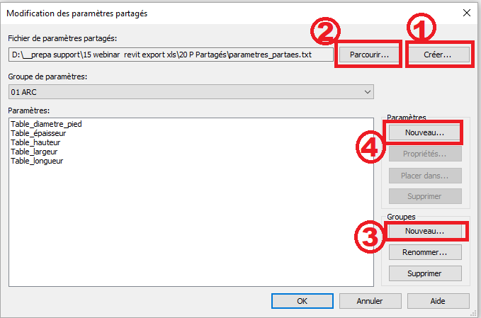 Modification paramètres partagés Revit