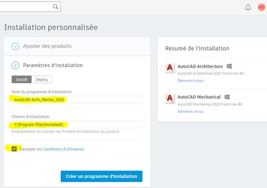 paramètres d'installation autodesk 2022