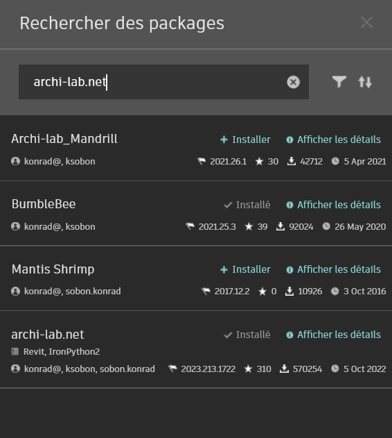Fenetre de recherche et de telechargement de package dans Dynamo