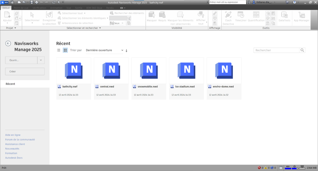 Ecran d’accueil de Navisworks 2025