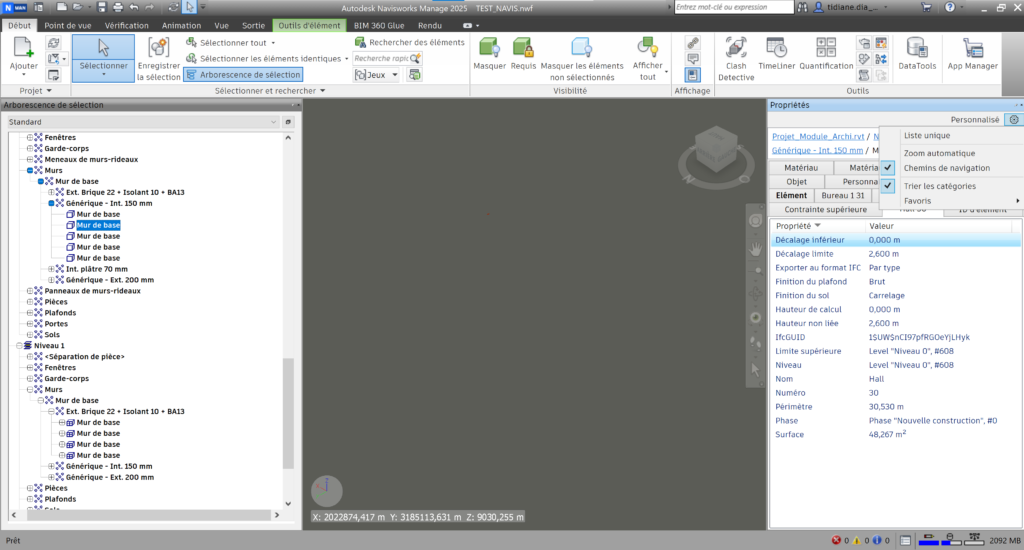 Fenêtre des propriétés de Navisworks 2025